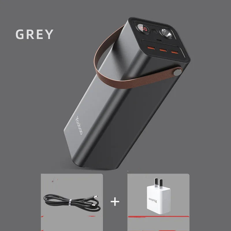 Black emergency power bank with 200W output, solar panel charging capability, and dimensions of 70x70x162mm