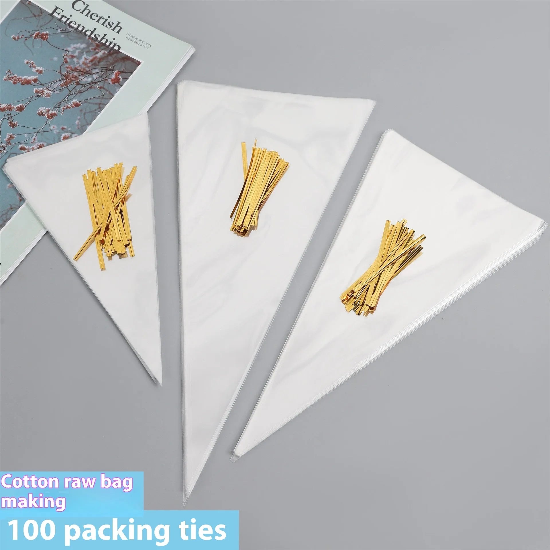 Clear triangle-shaped plastic packaging bag with a silver tie wire, showing three size options.