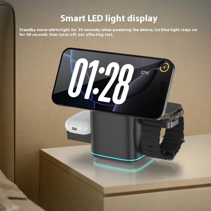 Black rotating magnetic wireless charging stand for mobile phones showing adjustable angle