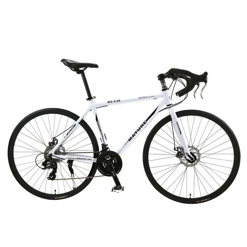 Aluminium alloy road bike with 21-speed gearing, double disc brakes, and bend handlebar in titanium silver or white red.