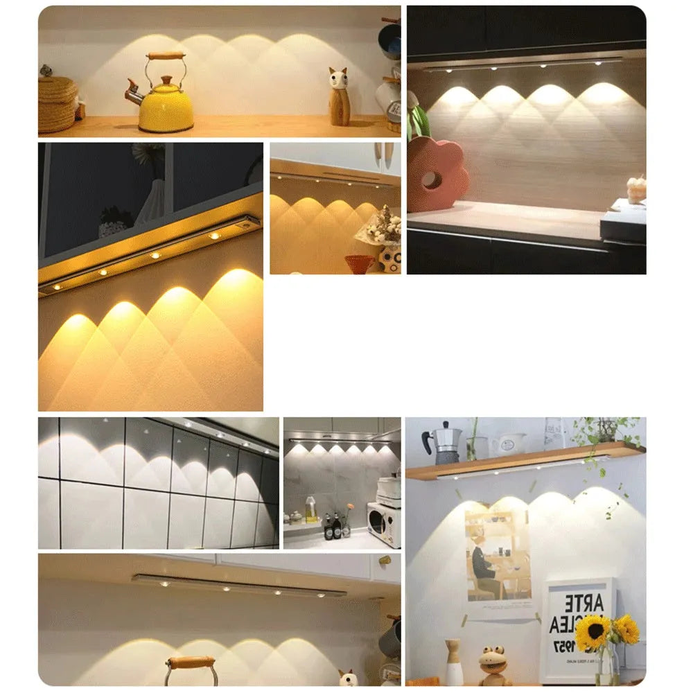 Silver ultra-thin USB rechargeable LED light strip with motion sensor for cabinet mounting.