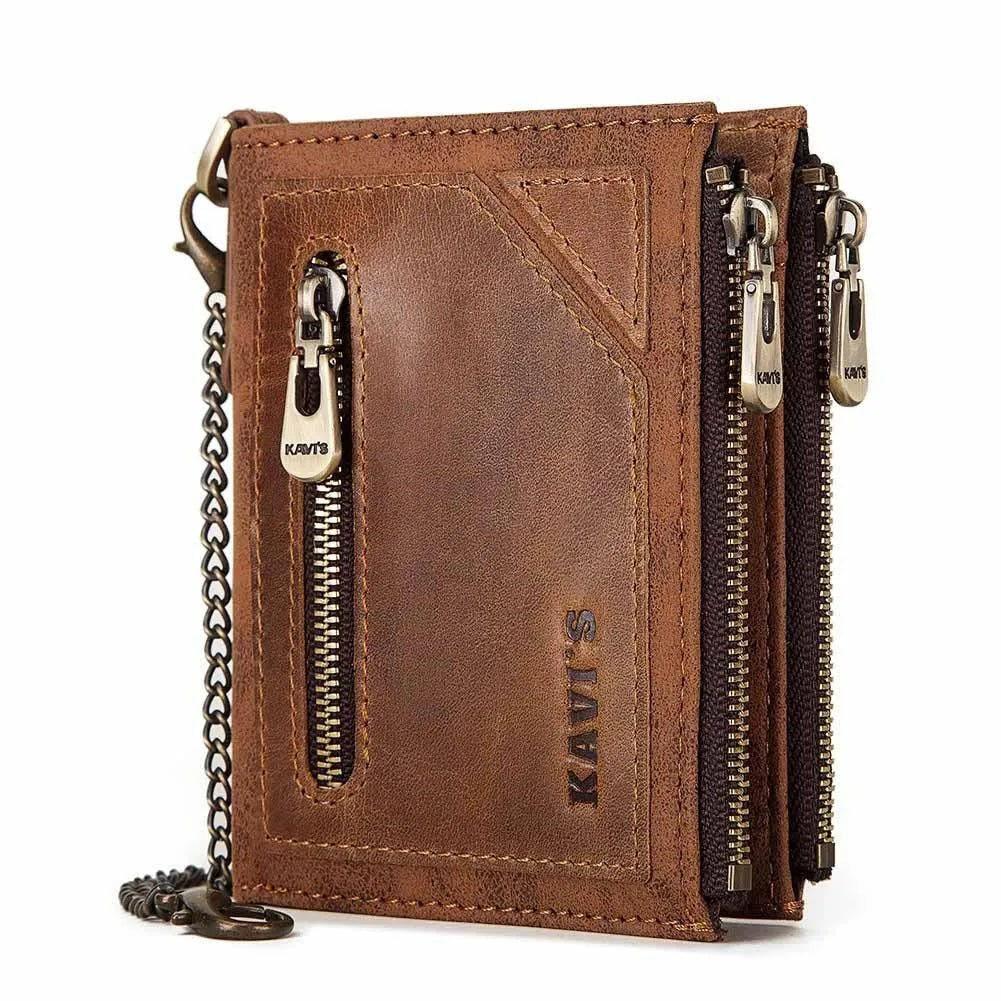 Brown men's leather wallet with chain and RFID anti-theft protection