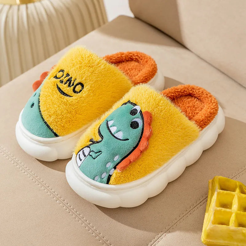 A pair of plush cotton dinosaur-design slippers for couples, shown in grey, coffee, and orange yellow colour options.