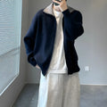 Barne style contrast colour knitted cardigan sweater for men, loose fit, long sleeves, apricot colour, front view