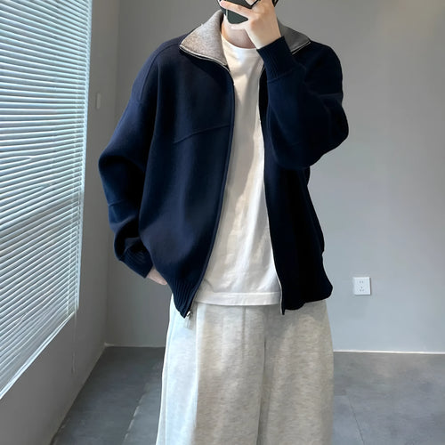 Barne style contrast colour knitted cardigan sweater for men, loose fit, long sleeves, apricot colour, front view