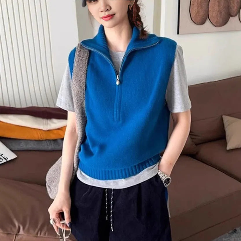 Retro half zip sleeveless knit vest in mesh polyester with Japanese Korean casual styling