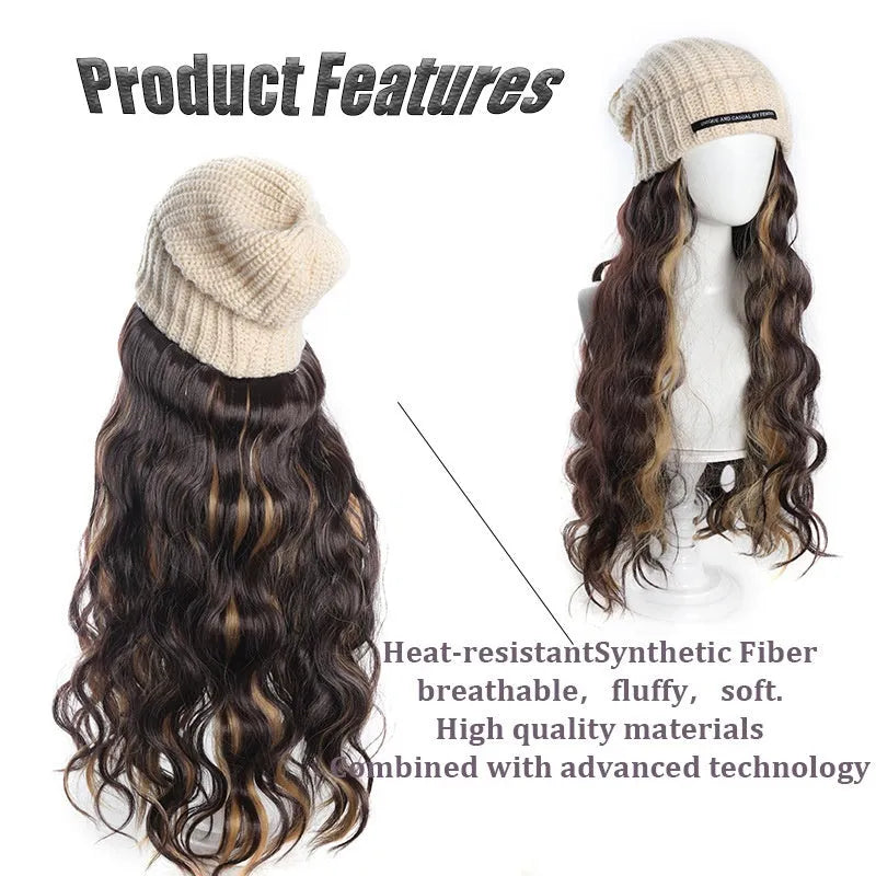 Hat wig with long curly high temperature fibre hair in multiple colour options