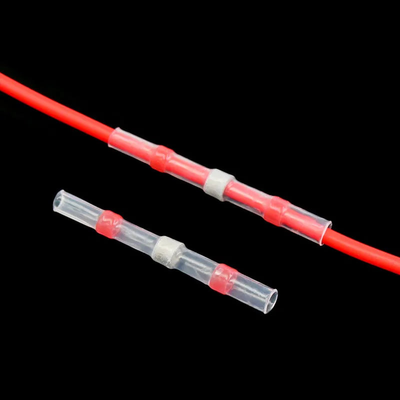 Red transparent heat shrink solder ring butt joint connector on white background, 20 pack for wire diameters 0.5-1.5mm²