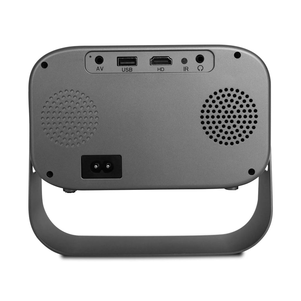 Black HD smart portable projector with remote control and cables for home office use