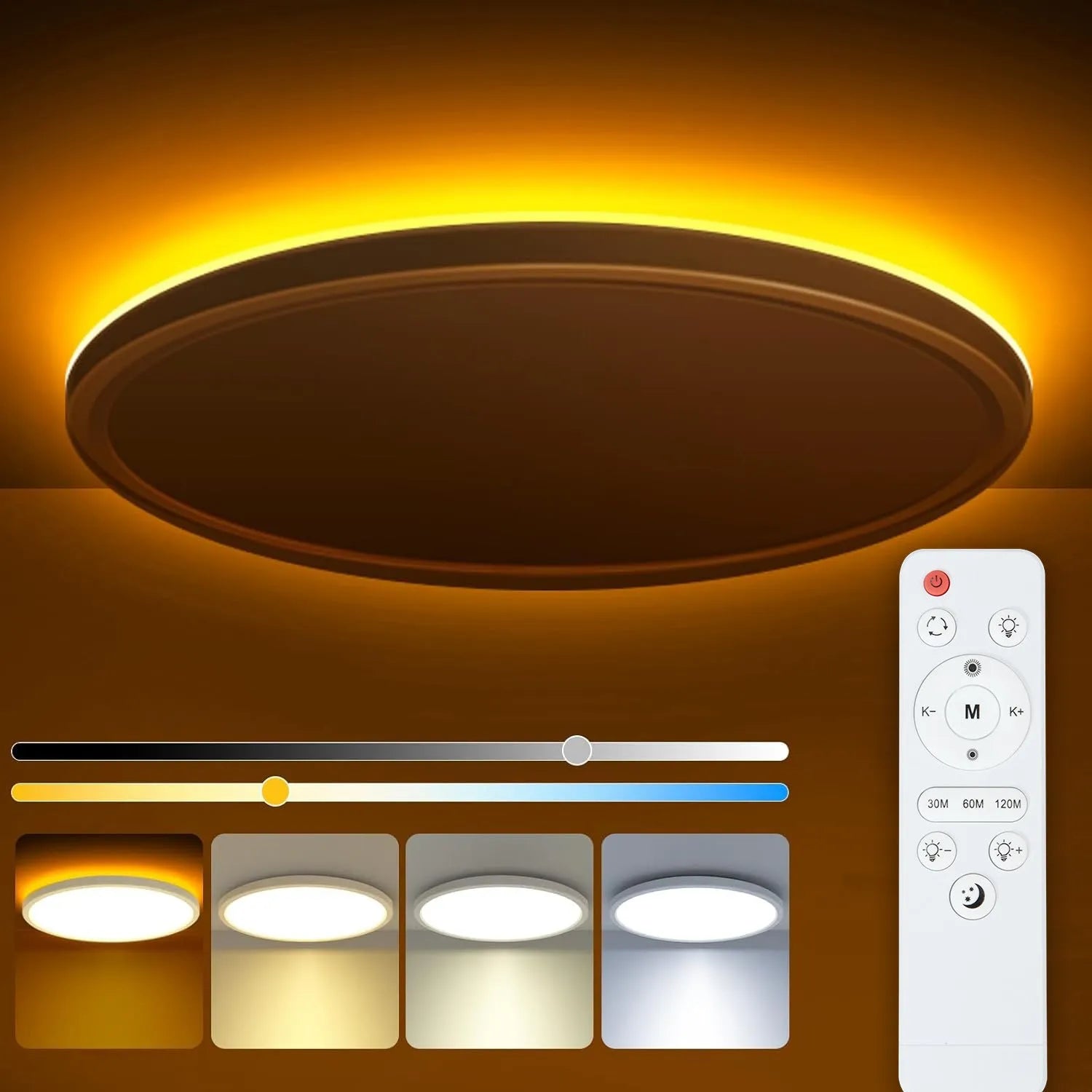 Round flat LED ceiling light 24W with RGB backlight in white frame on a bedroom ceiling