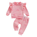 Girls bowknot print top and casual trousers suit two-piece set in pink with letter pattern