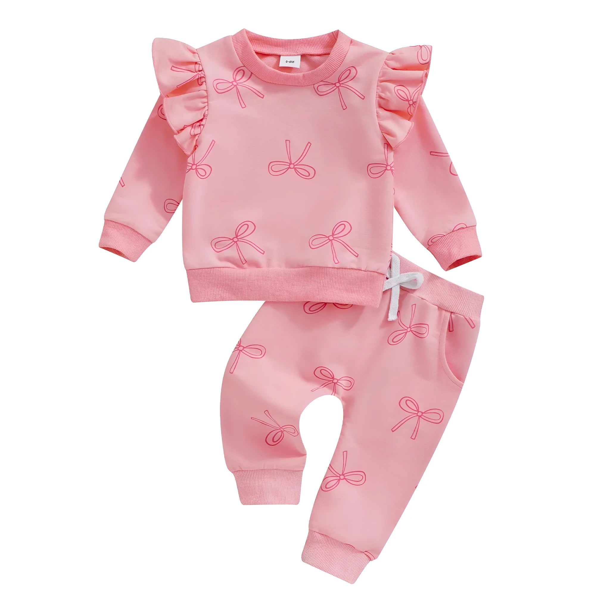 Girls bowknot print top and casual trousers suit two-piece set in pink with letter pattern