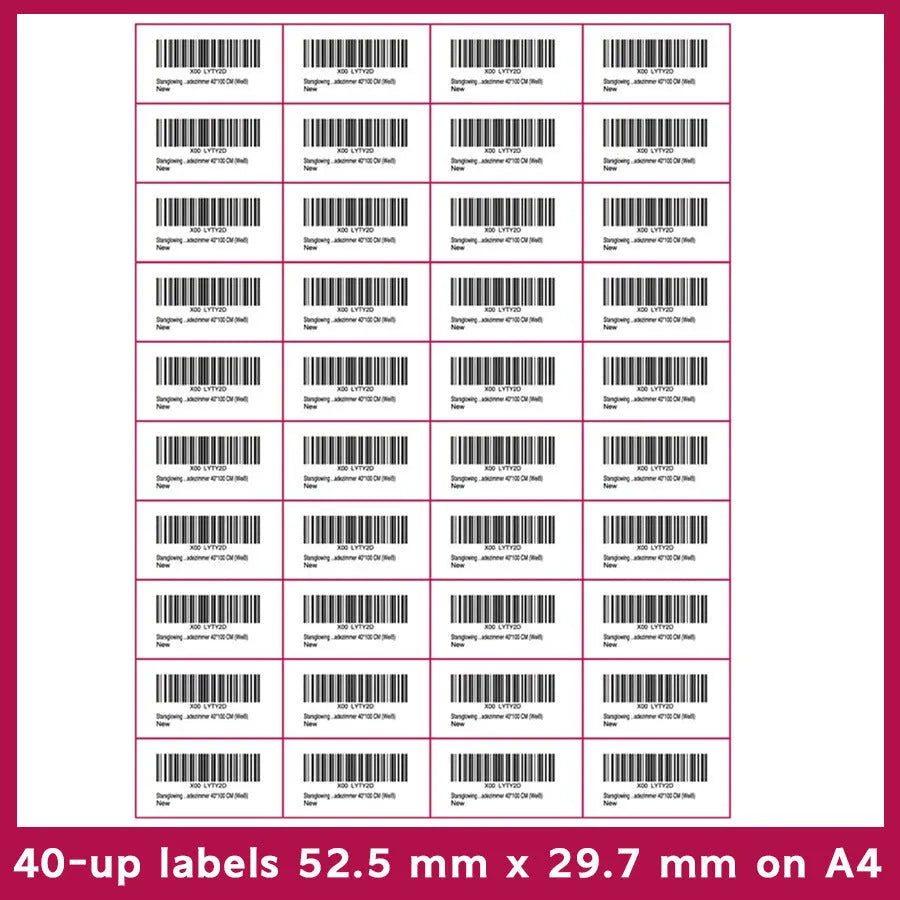 FBA label paper sheets showing ten different grid formats for barcode and serial number labelling