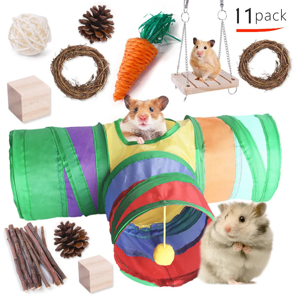 Assortment of natural wooden and woven grass chew toys for small pets like rabbits and guinea pigs