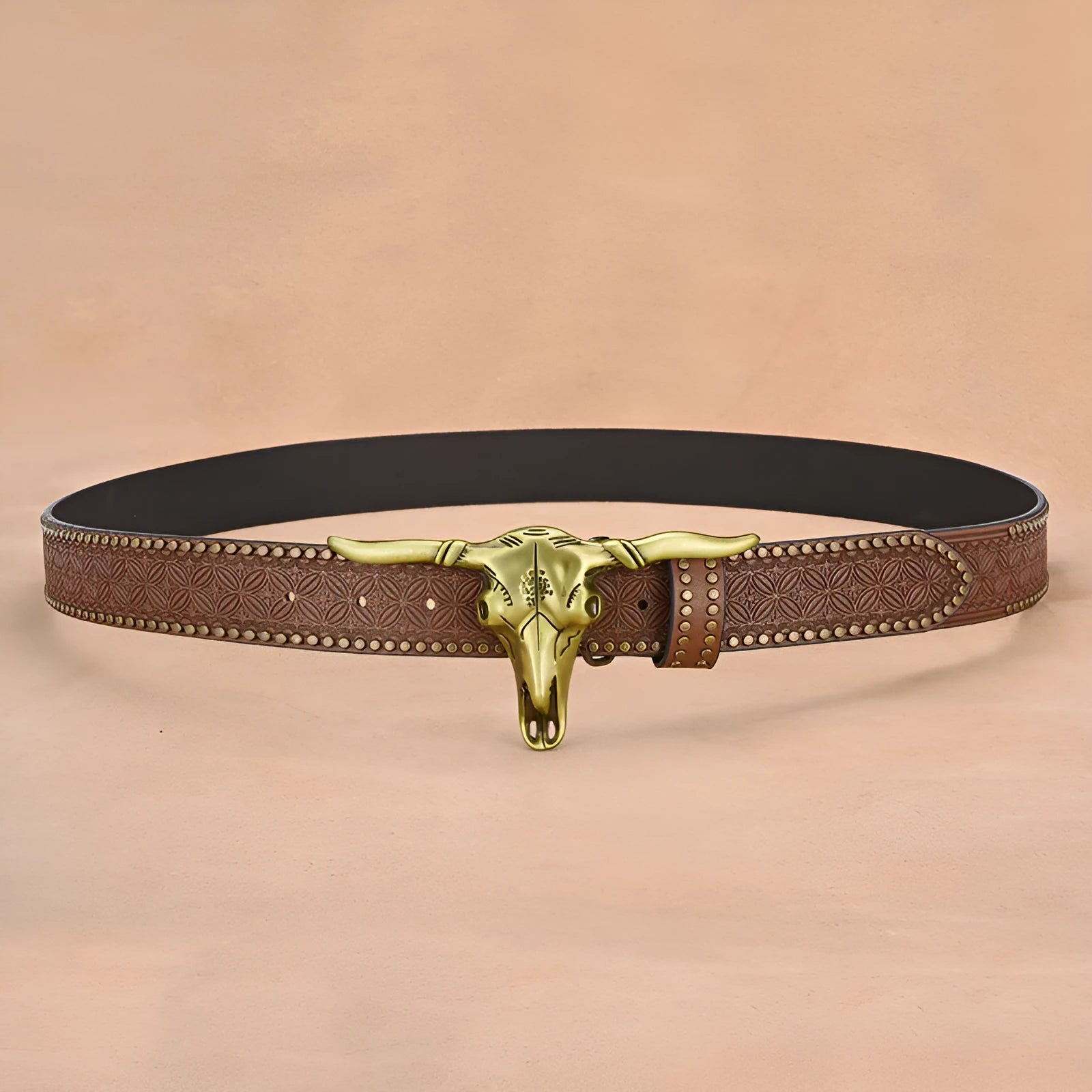 Men's cowhide faux leather belt with embossed rivets and alloy buckle in brown finish