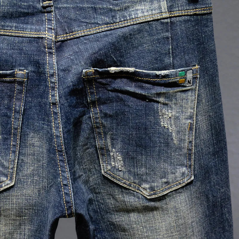 Men's slim straight stretch jeans in blue, mid waist, zip fly, red ear denim, sizes 28-38