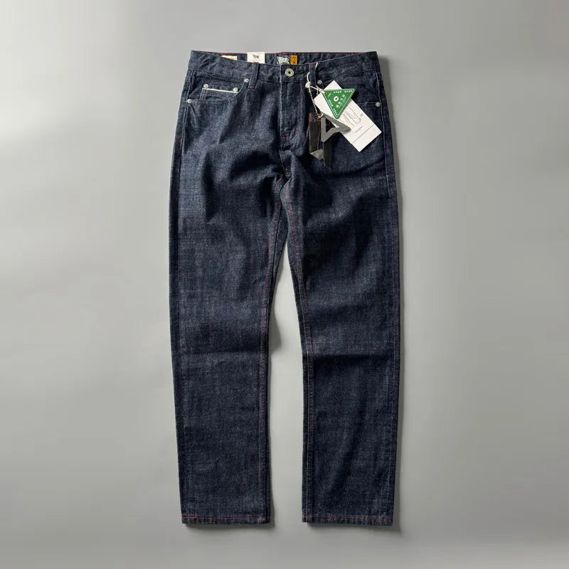 Men's straight-leg denim jeans in primary colour with classic American retro styling