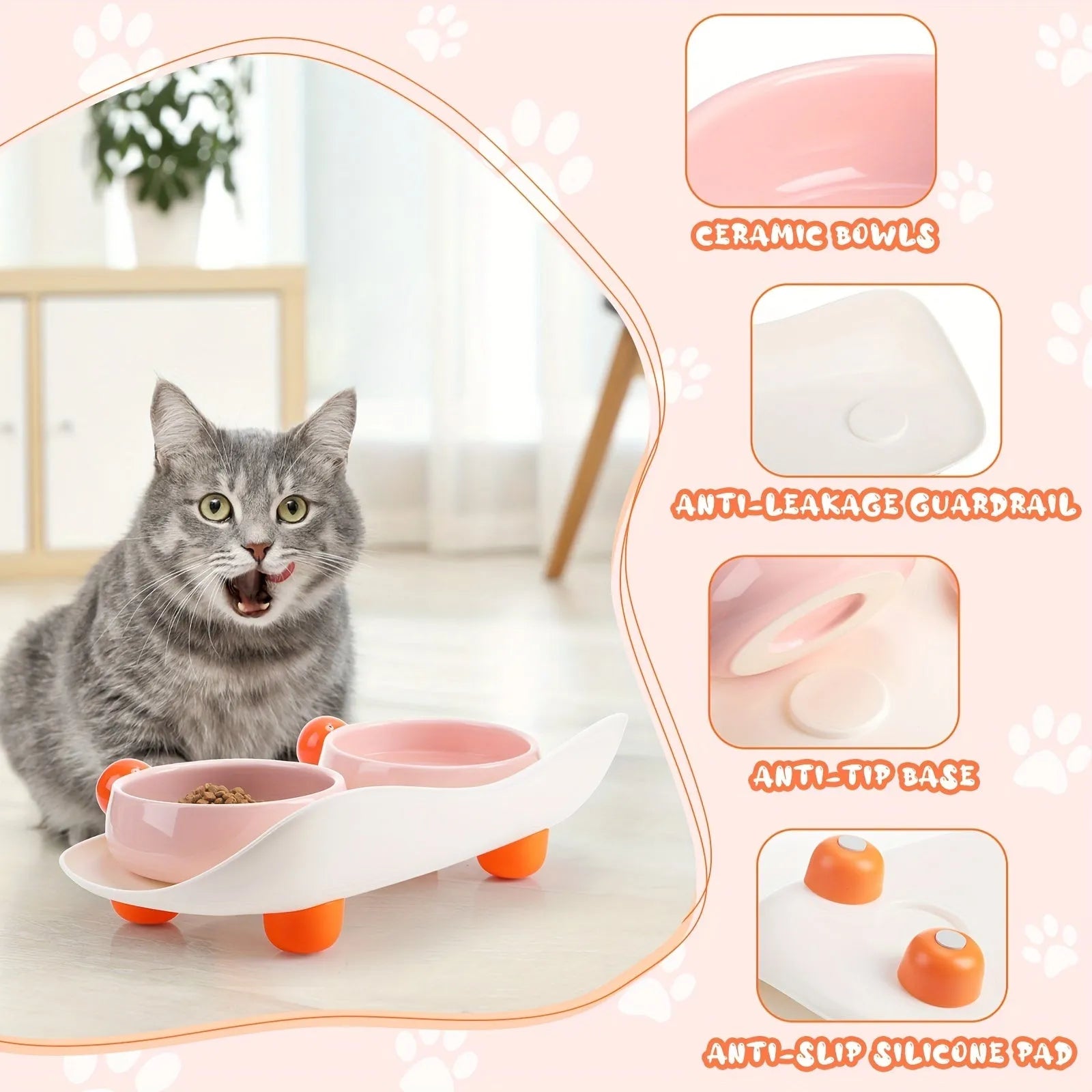 Ceramic raised double bowl set for pet food and water with a non-slip base in yellow.