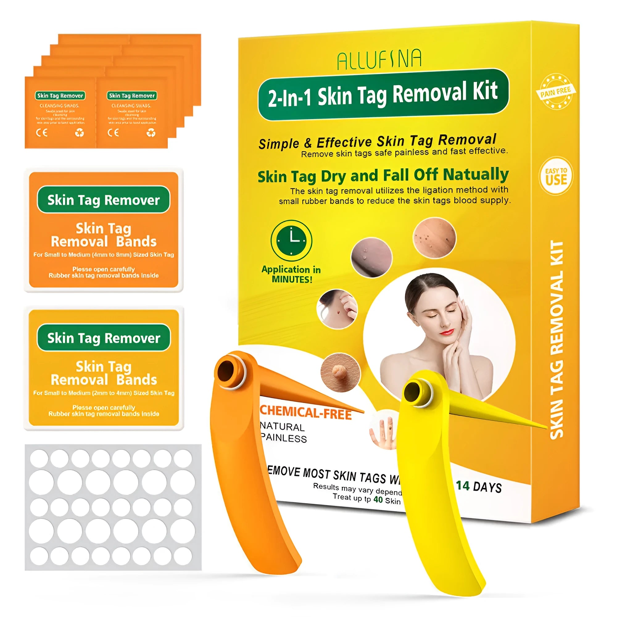 Orange-yellow mole remover tool kit with two devices, rubber rings, alcohol swabs and repair sticker