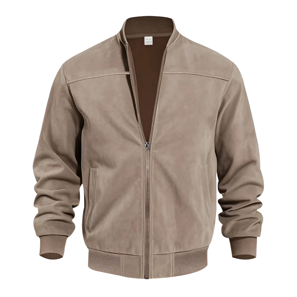 Men's plus size suede casual jacket with zipper closure in Army Green colour showing regular sleeve design