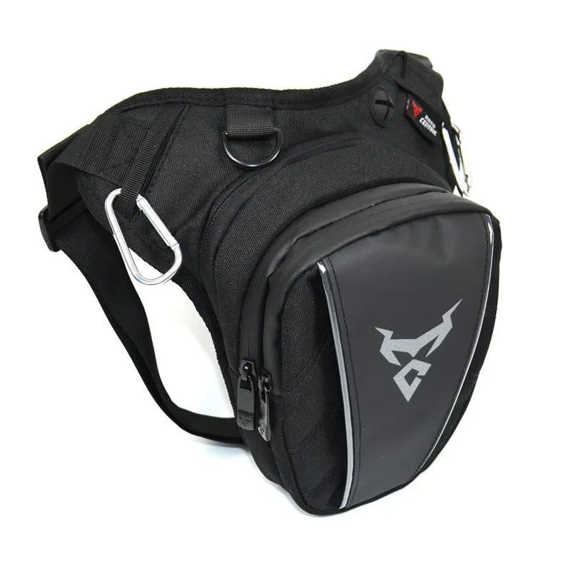 Motorcycle riding leg bag in 1200D Oxford cloth, shown in blue, with crossbody strap.