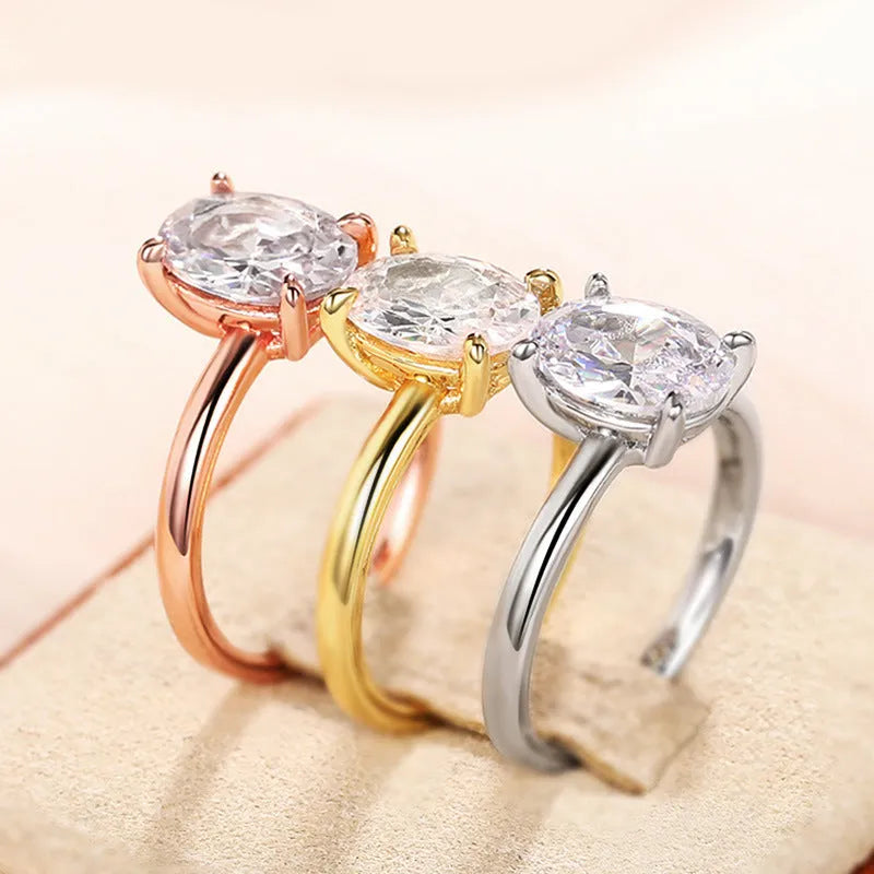 Oval masonry ring for women in copper with inlaid zircon, white gold colour finish, size No 7