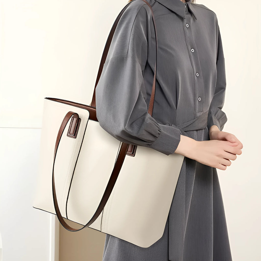 Women's genuine leather commuter bag with internal organisation compartments in horizontal square design