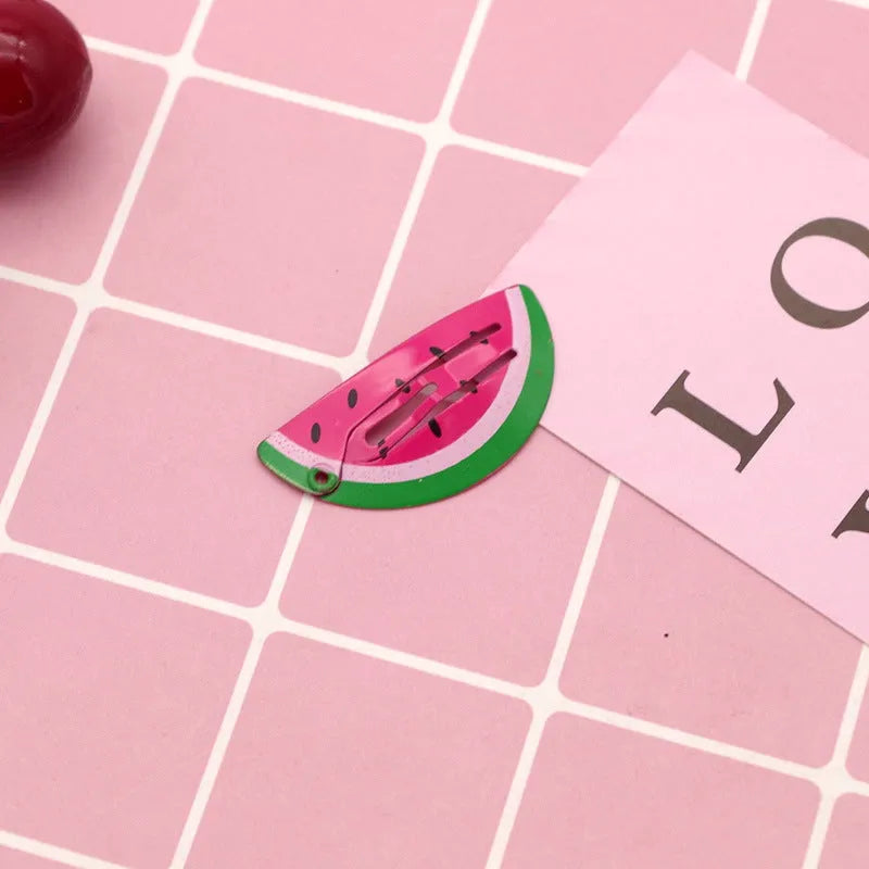 Children's metal hair barrette with colour printed watermelon and strawberry design