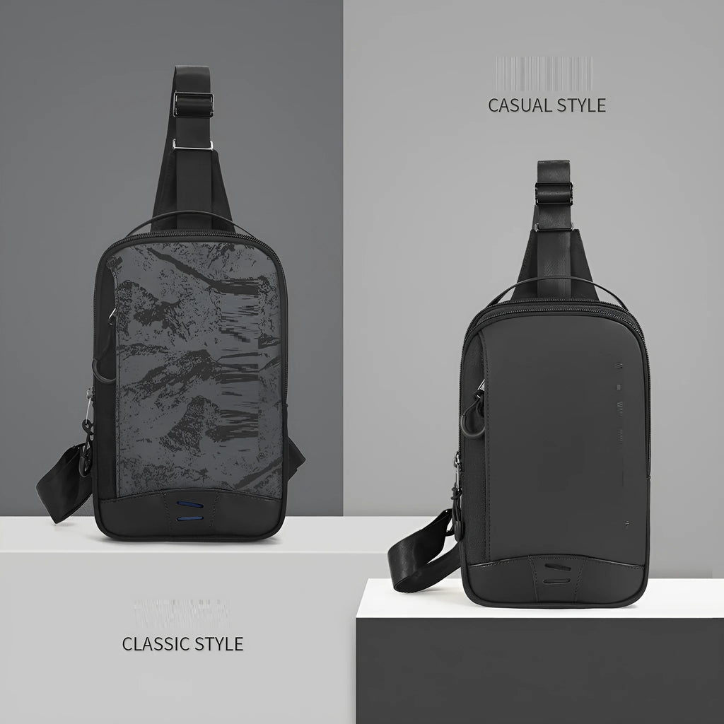 Casual black camouflage chest pack with a soft handle and single strap, showing internal phone pocket.
