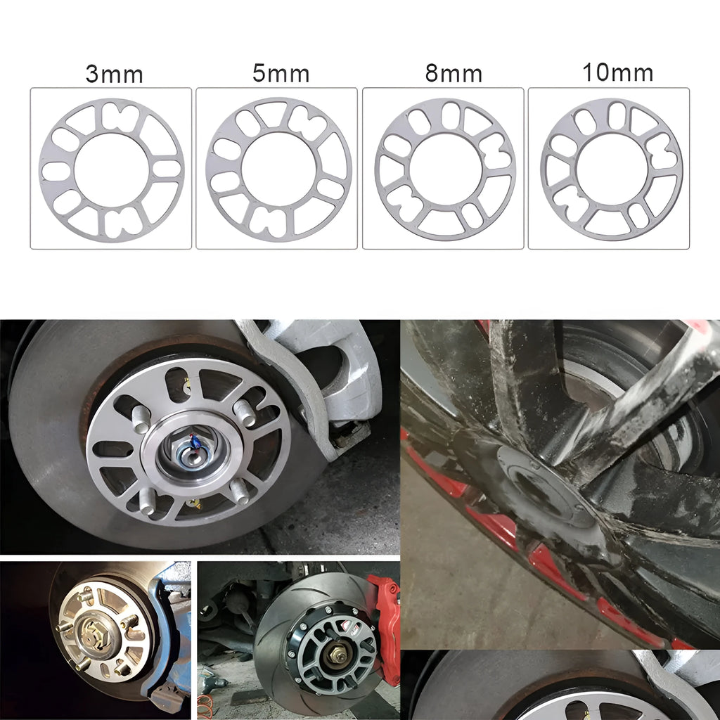 Set of metal hubcentric wheel spacer gaskets in different thicknesses for car brake caliper clearance.