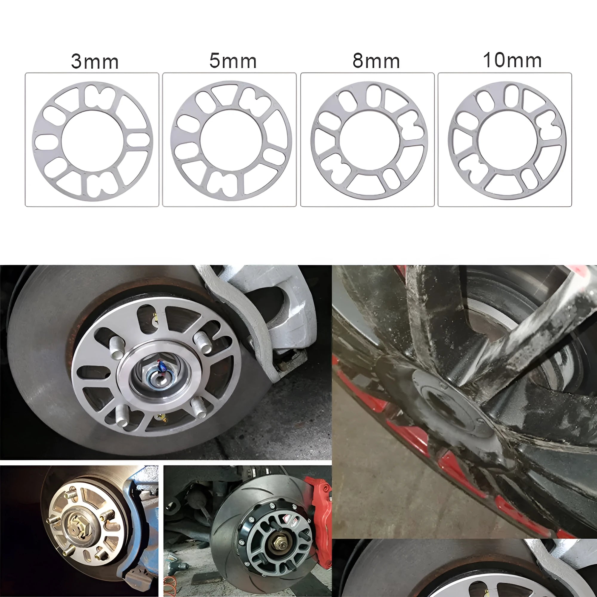 Set of metal hubcentric wheel spacer gaskets in different thicknesses for car brake caliper clearance.