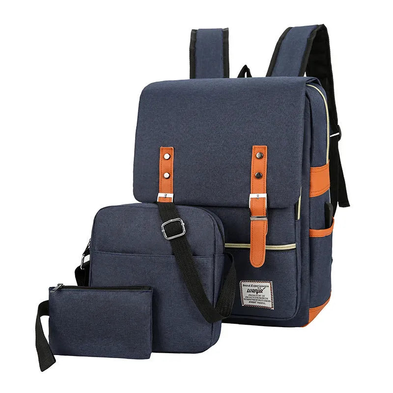Three-piece compartment backpack in Oxford cloth, shown in black, blue, grey, or wine red.