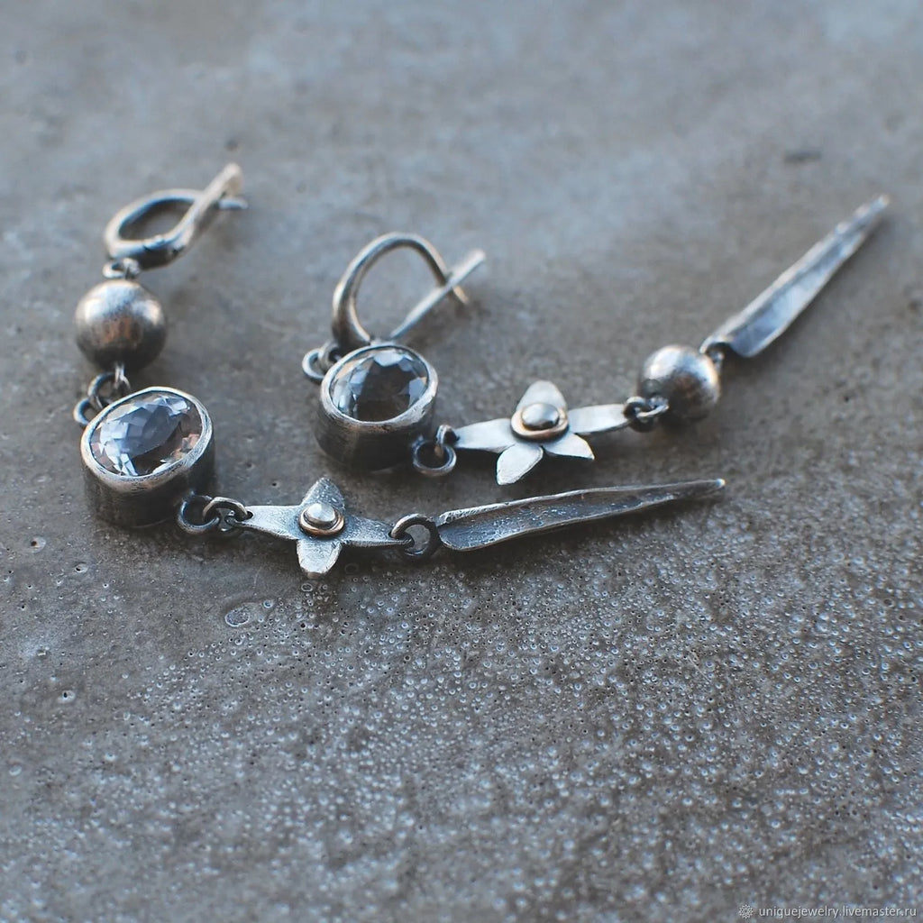 Geometric antique silver rhinestone pendant earrings with XINGX design on alloy base