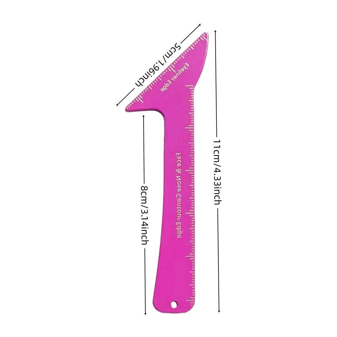 Close-up of reusable plastic 3-in-1 makeup stencil for eyeliner wings, eyebrow shaping, and nose contouring on a pink background.