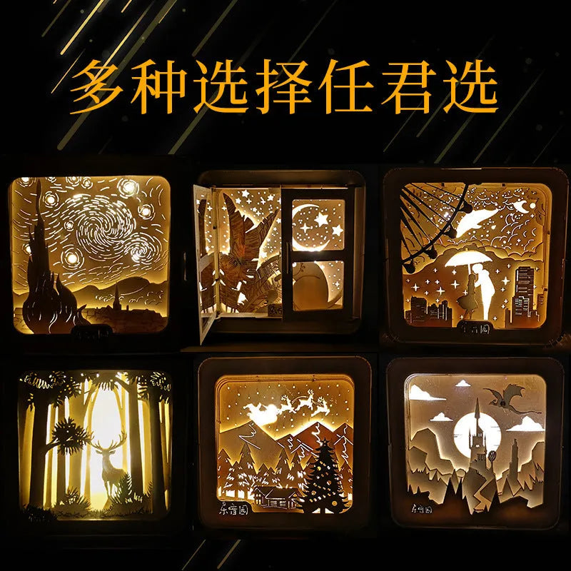 3D wooden puzzle night lamp assembled as a small ornament with train station design on a desk