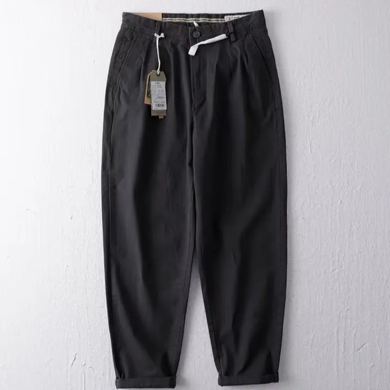 Men's Japanese leisure overalls straight loose fit cotton blend trousers in khaki with belt