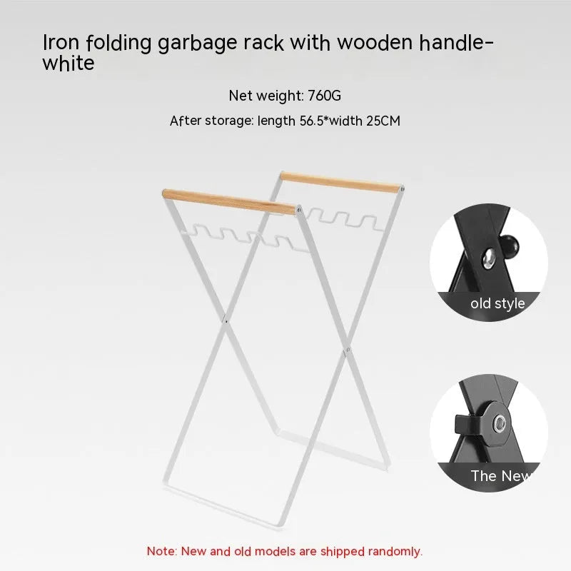 Outdoor iron folding trash rack with wooden handle holding rubbish sack