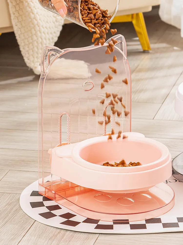 Grey adjustable height cat feeding bowl with anti-spill edges and removable design