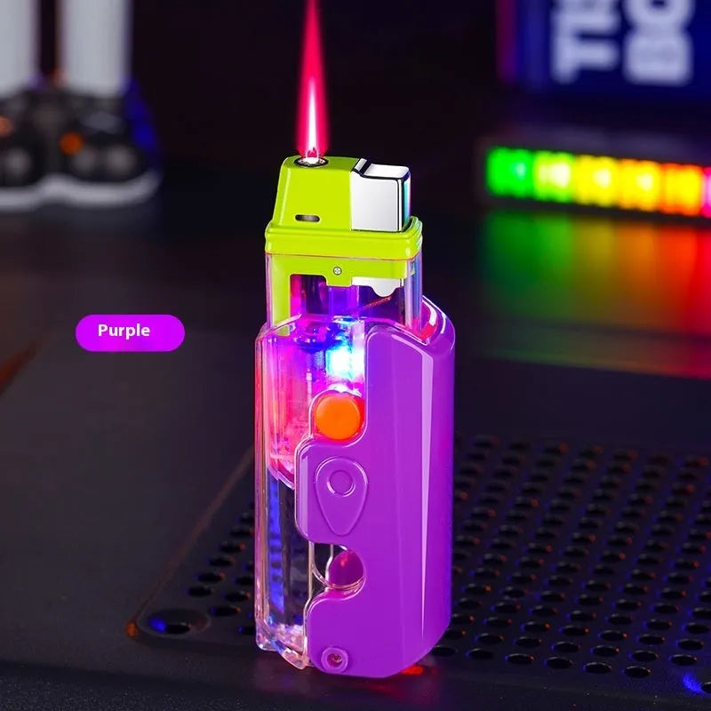 Colourful plastic lighter in orange, purple or green with wind-resistant design