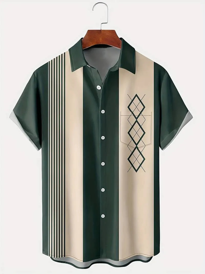 Man wearing a loose-fit short sleeve plaid shirt with a lapel collar in contrasting colours.