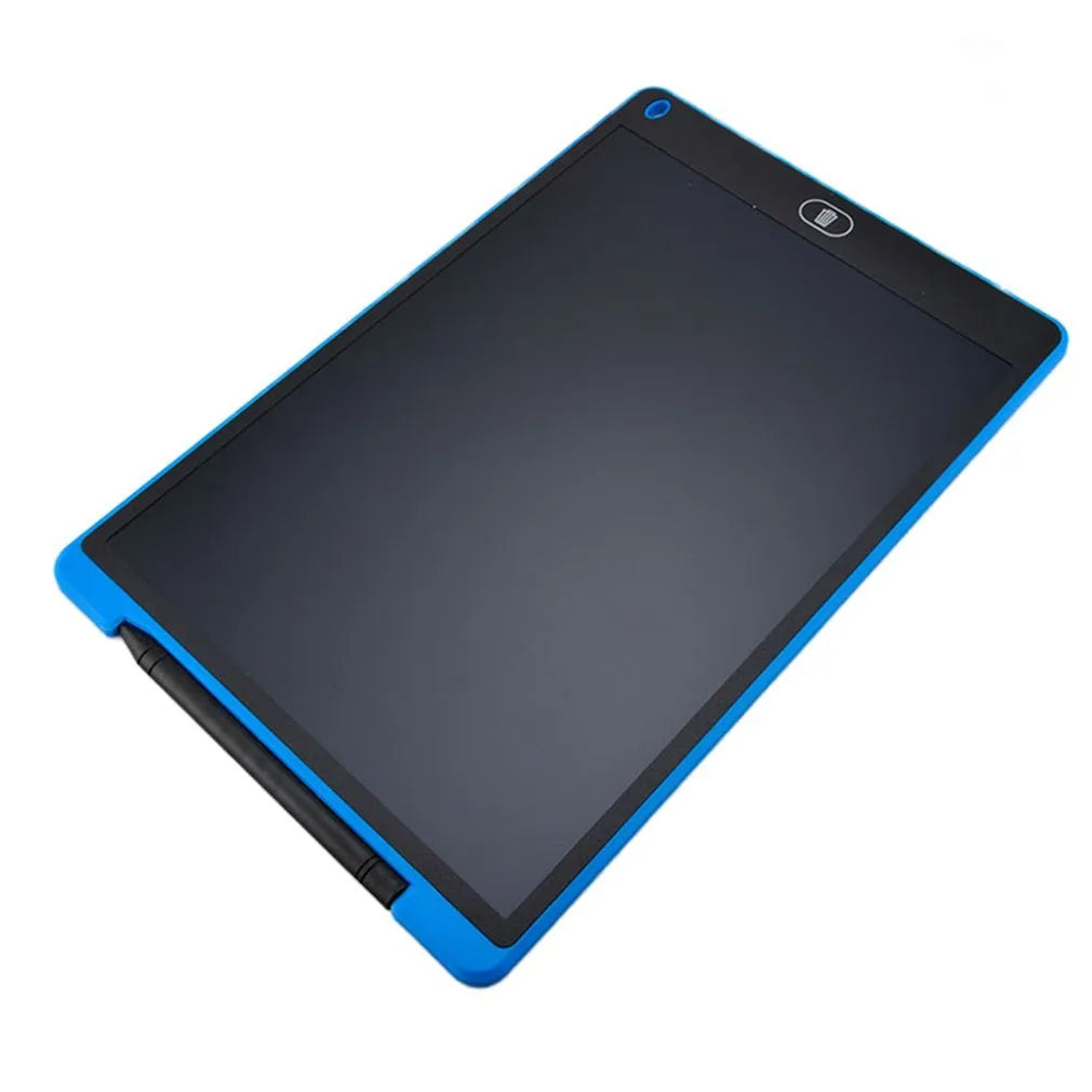 LCD electronic handwriting board for children in blue, showing attached stylus and clear screen.