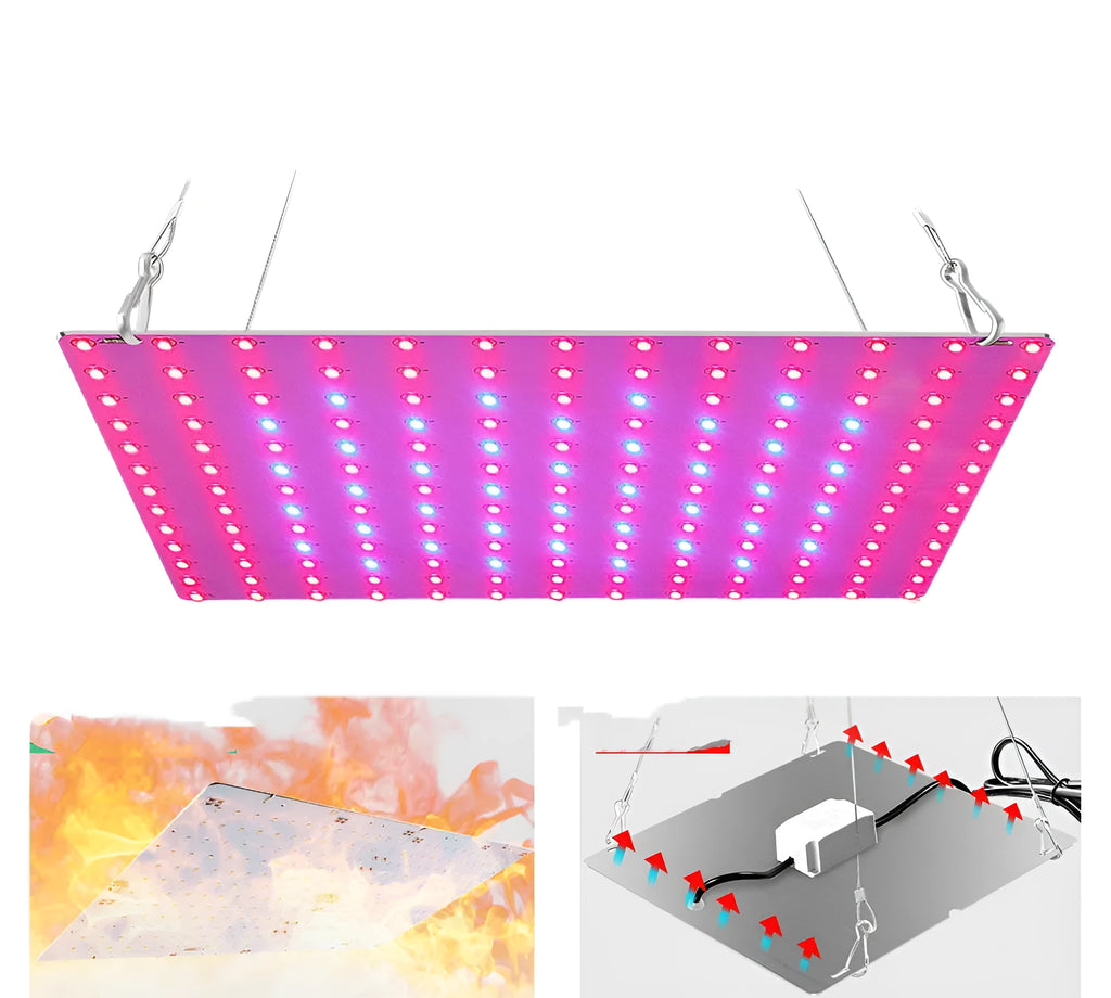Aluminium housed LED plant growing light with hook for mounting above indoor fruit and vegetable plants.