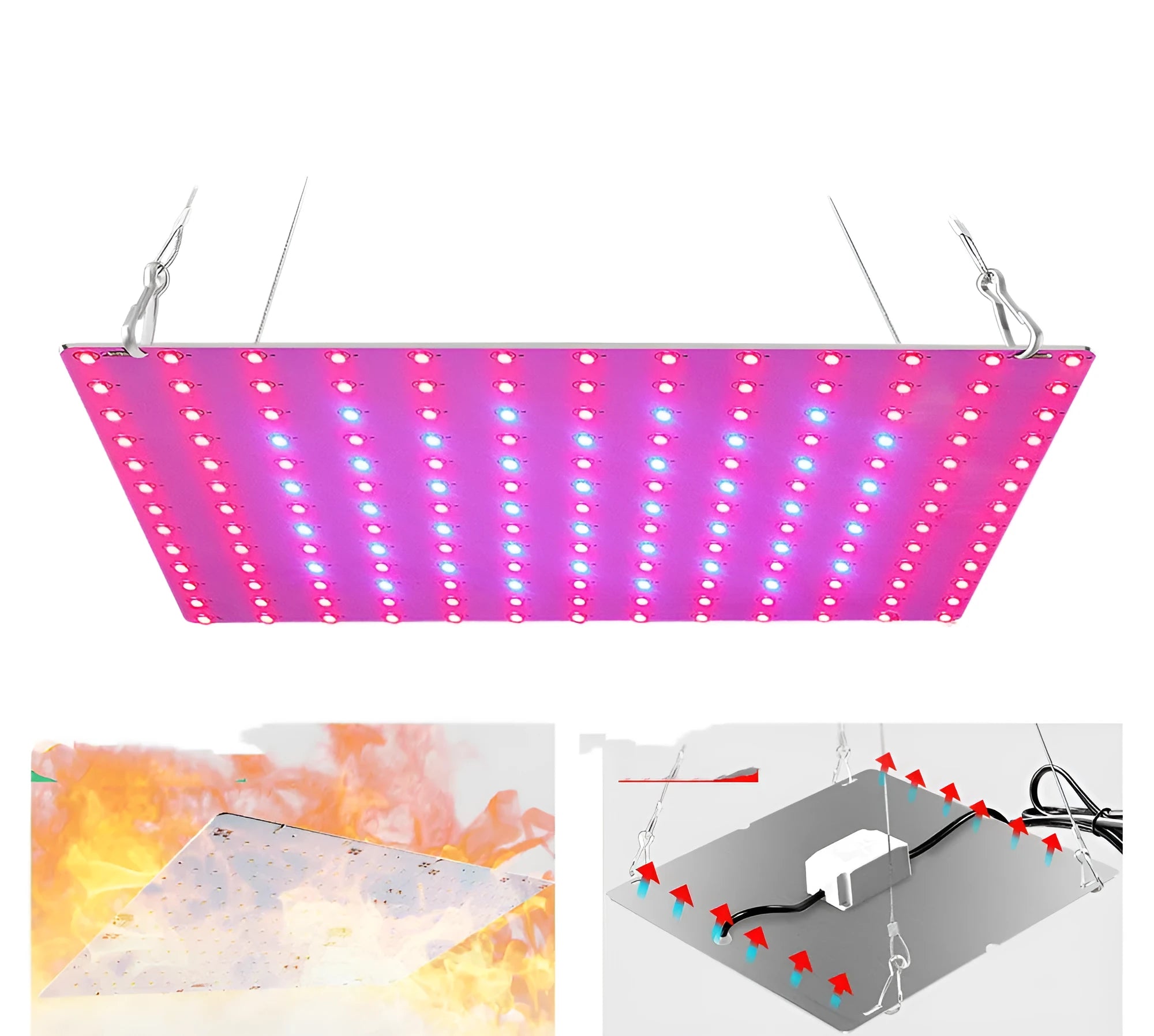 Aluminium housed LED plant growing light with hook for mounting above indoor fruit and vegetable plants.