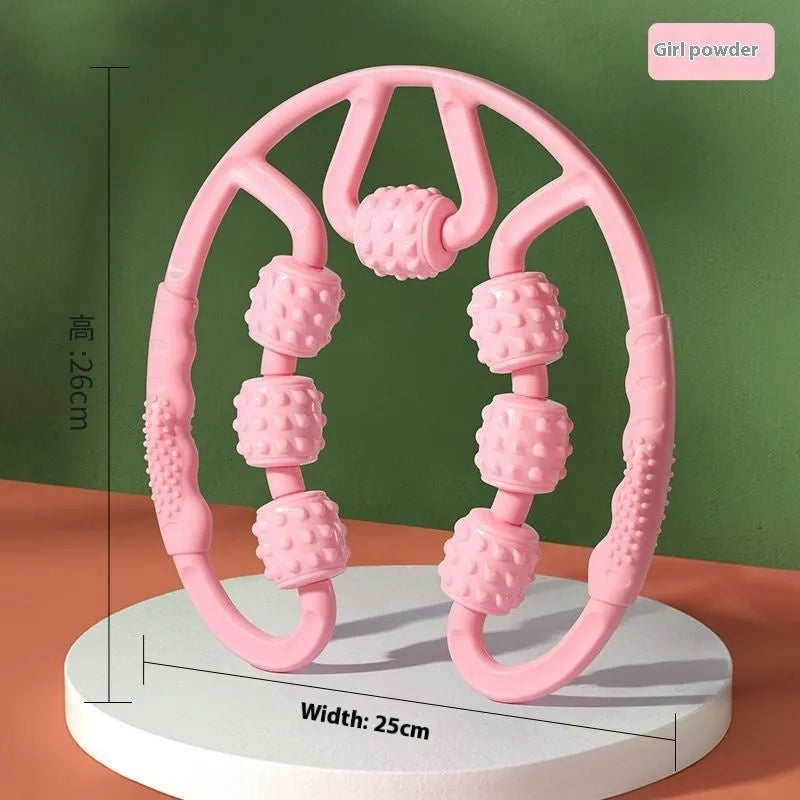A handheld leg massage roller clip with multiple wheels, shown in a pink colour option.