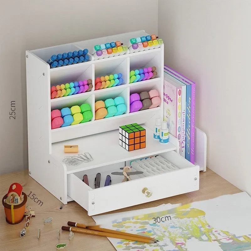 Square plastic pen holder storage box with multiple grid compartments for pens and pencils.
