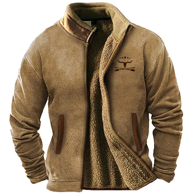 A man's fleece-padded coat in light brown, showing a regular fit and zip front.
