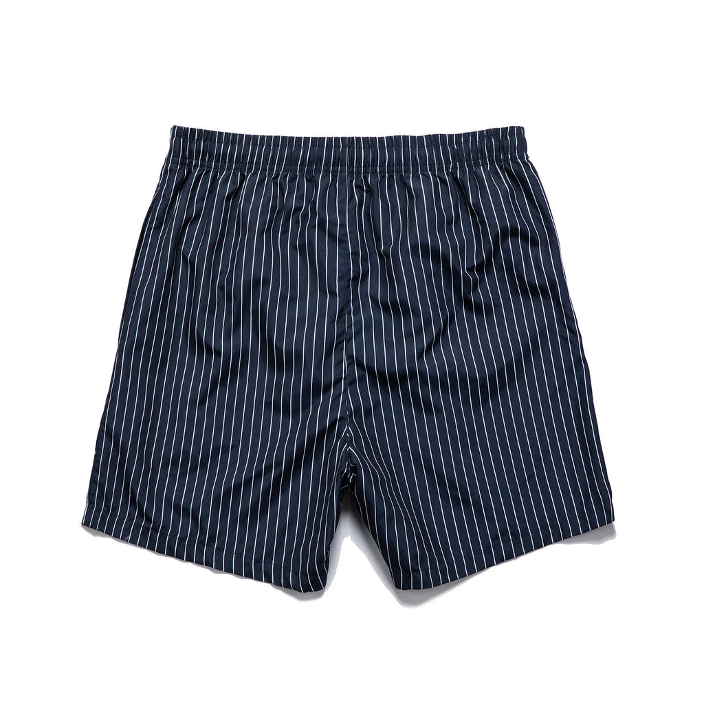 Striped polyester fibre beach shorts with triangle lining in navy blue, straight leg design