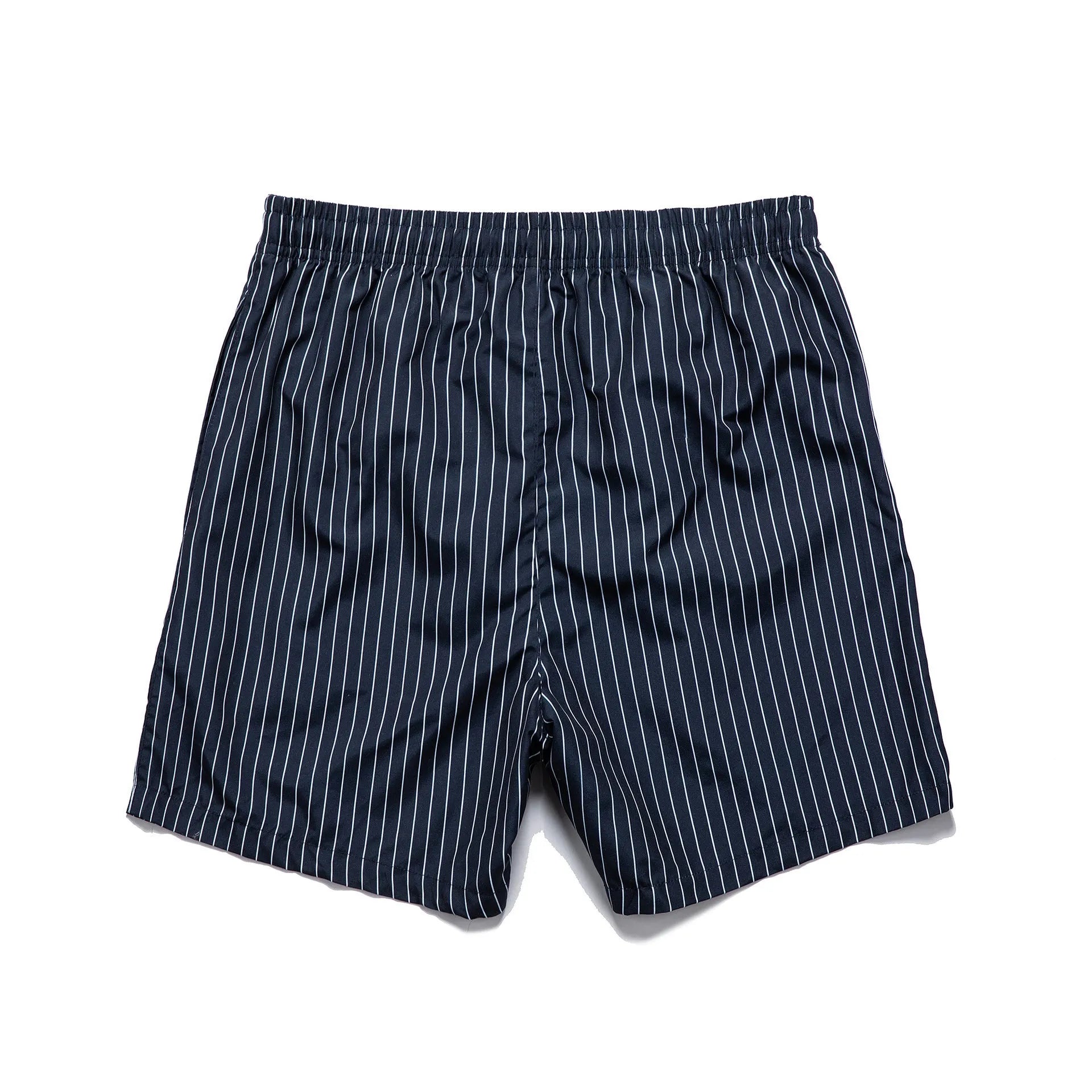 Striped polyester fibre beach shorts with triangle lining in navy blue, straight leg design
