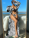 Split long sleeve ins blouse and banded bikini swim set with matching outer robe in multiple colours.