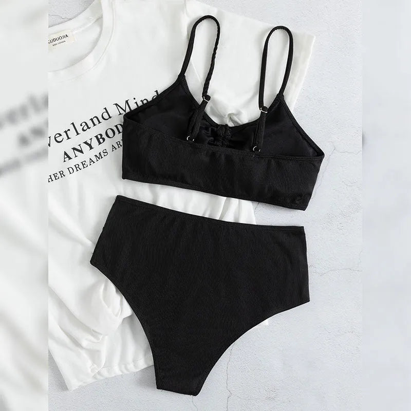 Black women's bikini swimsuit with sling split and high waist shorts
